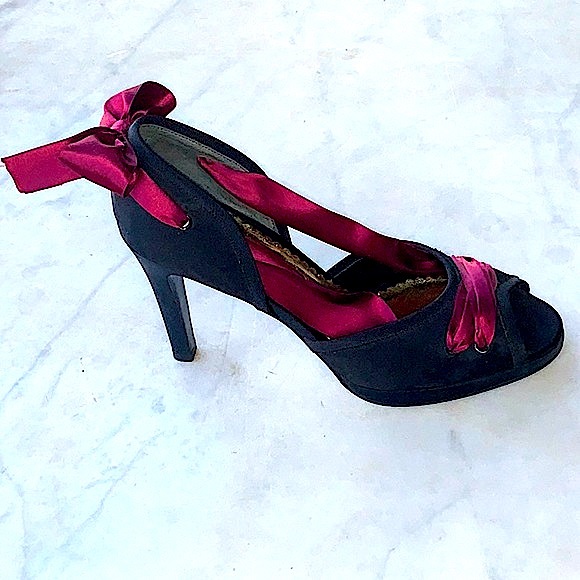 BEVERLY FELDMAN QUEEN B 4 INCH HEEL SIZE 9 NIB Y2K BLACK RED WINE BOWS - Picture 5 of 7
